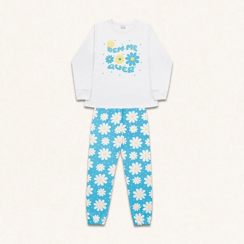 Conjunto Pijama Peluciado Blusão e Calça Moletom Bem Me Quer Azul Fakini - Feminino