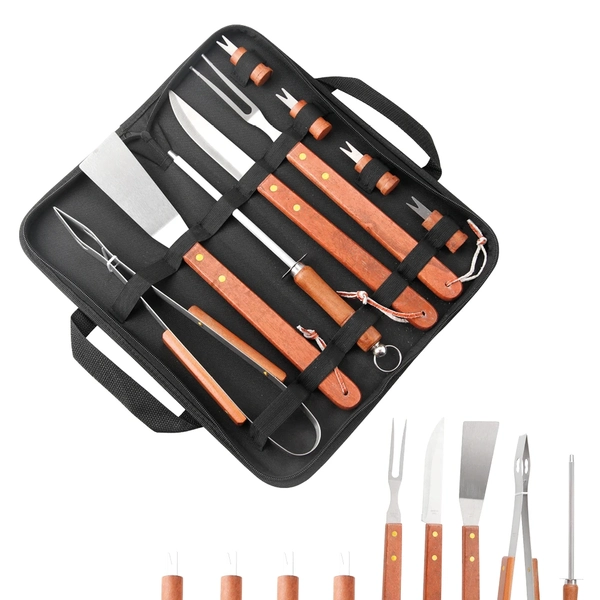 Kit Churrasco 10 Completo Peças Aço e cabo de madeira Inox Grillrelax