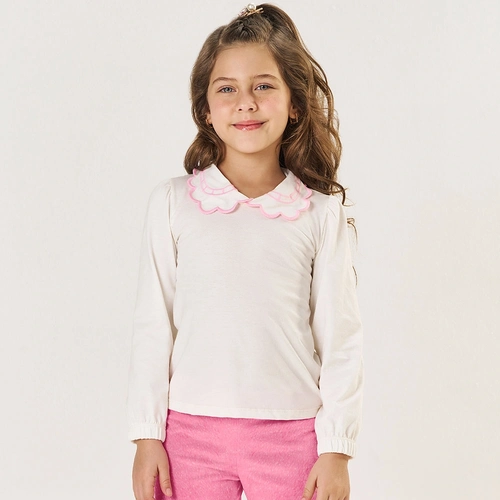 Blusinha Manga Longa Gola Babado Bordada Marfim Tileesul - Feminina