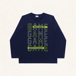 Camiseta Manga Longa Game Marinho e Verde Fakini - Masculina