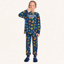 Conjunto Pijama Malha Manga Longa Estampado Monster Squad Azul Fakini - Masculinho