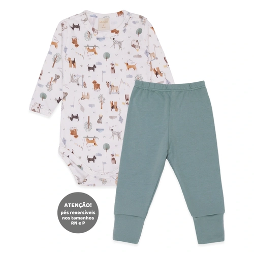 Conjunto Body Manga Longa Estampado e Mijão Liso Suedine Masculino - Cachorrinho no Parque