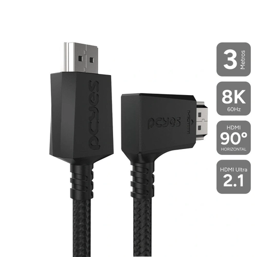 Cabo Hdmi 2.1 Pcyes Conector 90º Horizontal - Preto - 3m - Nylon - Phm21-3hnp