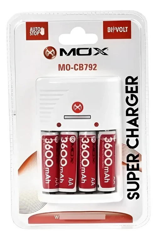 Carregador Pilhas AA / AAA e Bateria 9v MOX  MO-CB792 Com 4 pilhas 3600Mah Rec. - Bivolt