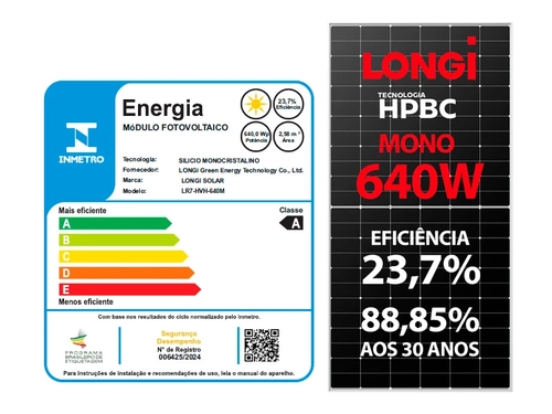 Painel Solar Fotovoltaico LONGi LR7-72HVH-640M – 640 W, 144 Células, Monocristalino BC, 24,03% de Eficiência