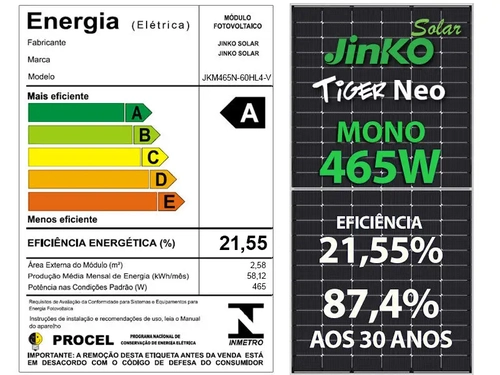 Painel Solar Fotovoltaico Painel Jkm465n-60hl4-v Tiger Neo 465w 120 Cel. n Type Mono 21,55% Eficiencia