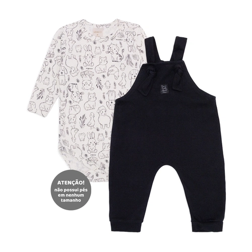 Conjunto Body Manga Longa e Jardineira Preta Masculino - Fazendinha