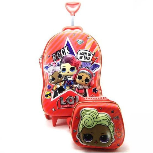 Jogo mochila carrinho rodinhas e lancheira infantil decorada - Kit