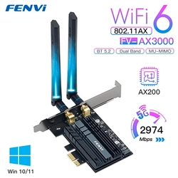 Adaptador Wi-Fi s/Fio p/PC, PCIe, 802.11AX, 2.4G, 5Ghz, Cartão Wi-Fi, Win10/11, MU-Mimo, 6 AX200, 3000Mbps, FV-AX3000S