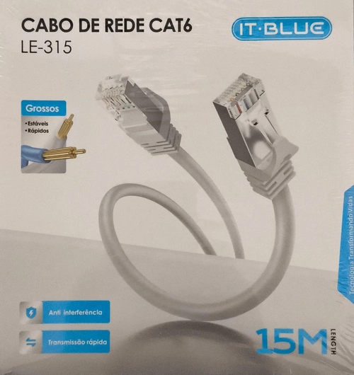 Cabo de rede Rj45 Cftv Cat6 15m Banhado a Ouro Branco Acinzentado Le-315 - It-Blue