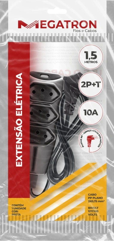 Extensão Megatron com Plugue Plano 90º Preto 1,5M