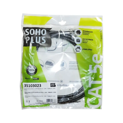Patch Cord U/UTP CAT.5e CMX 2,5m T568A Preto FURUKAWA SOHOPLUS