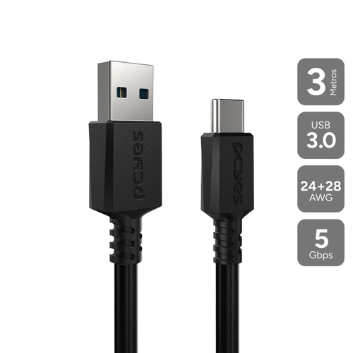 Cabo Usb a 3.0 Macho P/ Usb Tipo-c - Preto - 3 Metros - Pucap3-3