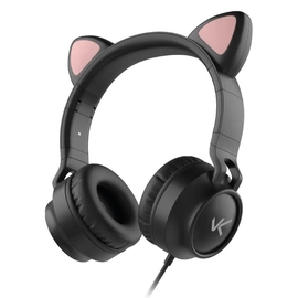 Fone de Ouvido Headset Kitty Ear - Orelha de Gato Preto Com Microfone Cabo 1.2m Plug P2 Estereo P3 - Ke100p