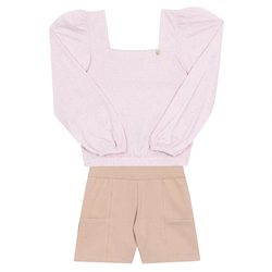Conjunto Blusa Manga Longa Cotton e Shorts Molecotton Rosa Randa Mundu - Feminino