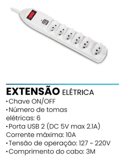 Filtro De Linha Extensão 6 Tomadas e 2 Usb 10A/250V Cabo 3M On-sl7609 - Onistek