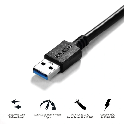 Cabo para Hd Externo Usb a 3.0 Macho para Micro Usb b 3.0 (10 Pinos) Macho 28awg Puro Cobre 5 Metros - Puamcm3-5