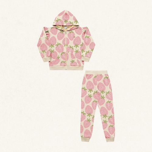 Conjunto Jaqueta e Calça Moletom Morangos Rosa Fakini - Feminino