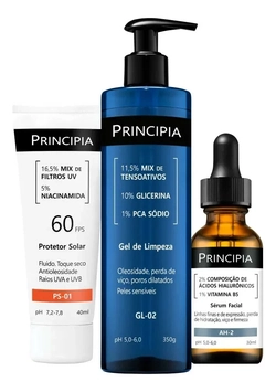 Principia Kit Primeira Rotina: gel de limpeza, Sérum de composição de ácidos hialurônicos + vitamina B5, protetor solar antioleosidade