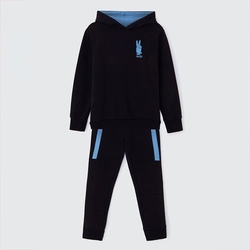 Conjunto Blusão com Capuz e Calça Preto e Azul Hering - Masculino