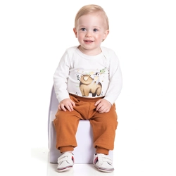 Conjunto Body Manga Longa Cotton e Calça Moletom Bebê Off White e Cacau Randa Mundu - Feminino