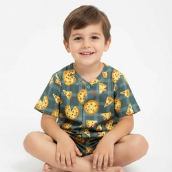 Pijama Cara De Criança Estampa de Pizza Masculino - Verde/Branco