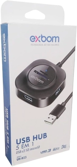 Mini HUB USB, 3 Portas, USB 2.0 + 1 Leitor de Cartão microSD + 1 SD Exbom UH-R23