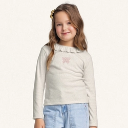 Blusinha Manga Longa Malha Gola Babado Aplique Fakini - Feminina