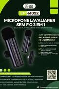 Kit 2 Microfone de Lapela Sem Fio Wireless Receptor Profissional Alcance 50 Metros Tipo C e Adaptador Lightning Com Case - Cor Preto