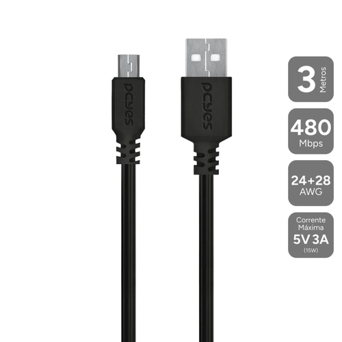 Cabo Micro Usb para Usb a 2.0 - Preto - 3 Metros - Pmuap-3