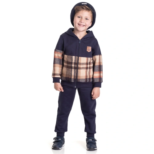 Conjunto Casaco Flanela com Capuz e Calça Moletom Marinho Xadrez Randa Mundu - Masculino