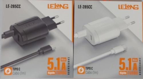 Carregador Turbo 2 entradas - 1x Tipo-c 1x Usb + cabo Tipo-c 1m - 5.1A 15,5W Le-285cc branco ou preto - Lelong