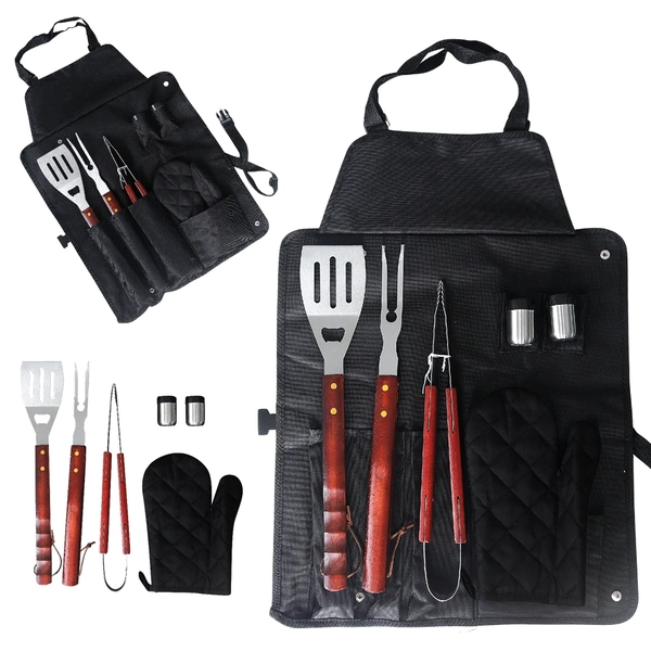 Kit Churrasco Completo 7 Peças Avental Espátula  Pegador Luva Saleiro Garfo Aço Inox Grillrelax