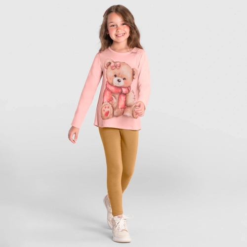 Conjunto Camiseta Ursinho Rosa e Legging Caramelo Brandili - Feminina