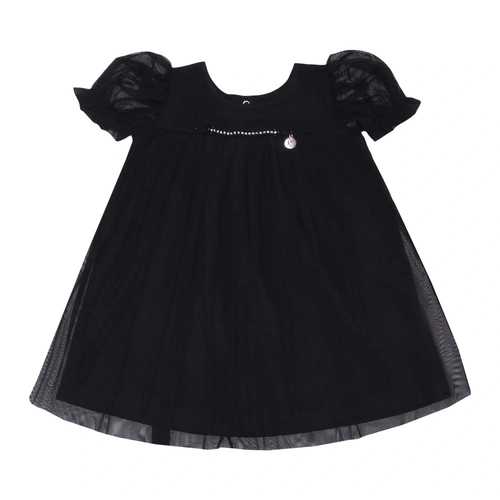 Vestido Manga Curta Malha e Tule Forrado Strass Kiki Xodó - Feminino