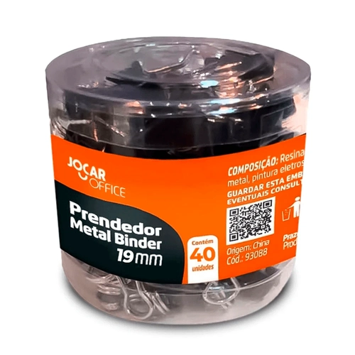 Prendedor Metal Binder Preto 19mm c/40 uni Jocar