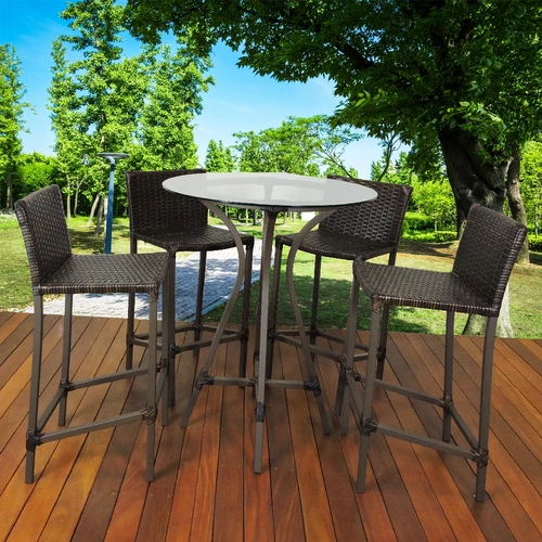 Conjunto Mesa Bistrô Vidro 4 Banquetas Fibra Sintética e Alumínio Dourados