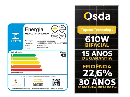 Painel Solar Fotovoltaico OSDA ODA610-33V-MHDRZ – 610 W, 132 Células, N-Type Bifacial, 22,6% de Eficiência