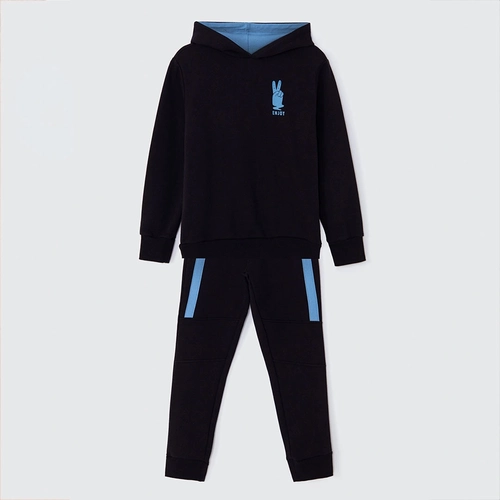 Conjunto Blusão com Capuz e Calça Preto e Azul Hering - Masculino