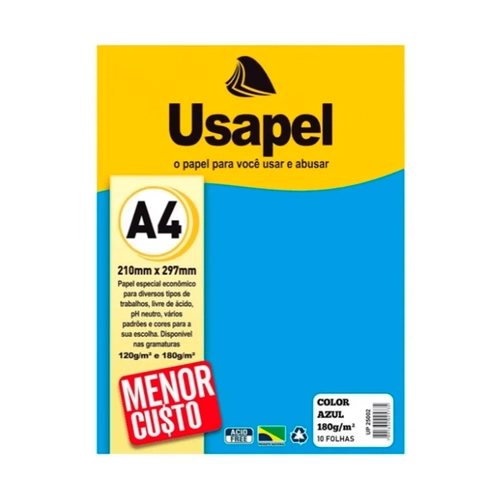 Papel A4 Azul 180g/m² 210mmX297mm Cx 50 Unidades Usapel