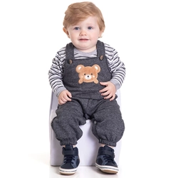 Conjunto Camiseta Manga Longa e Jardineira Moletom Ursinho Mescla Randa Mundu - Masculino