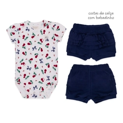 Conjunto Body Manga Curta Bordado e Shorts Babado Suedine Menina – Cerejinhas