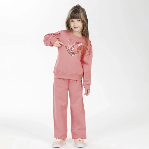 Conjunto Moletom Manga Longa Bordado Coração Lantejoula Cativa - Feminino