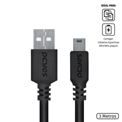 Cabo USB-A 2.0 x Mini USB-B 28AWG Puro Cobre Pcyes 3 Metros - PUANM2-3