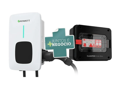 Carregador Veicular Wallbox Growatt THOR AC 7 kW Wi-Fi Mono 220 V com Cabo Tipo 2 + Mobi Box Clamper 8 kW Mono 220 V