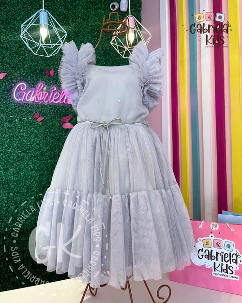 Vestido Tule Cinza com Strass Luxo Festa