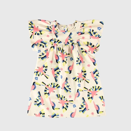 Vestido Manga Curta Malwee Pássaros Feminino - Off-White