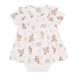 Body Vestido Manga Curta Com Babado Suedine Feminino - Cavalinhos