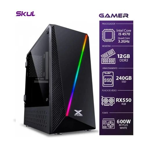 Computador Gamer Skul 5000 Core i5-4570 3.2GHz 12Gb Mem DDR3 SSD 240GB Placa de Vídeo RX550 4Gb Fonte 600w RGB Preto