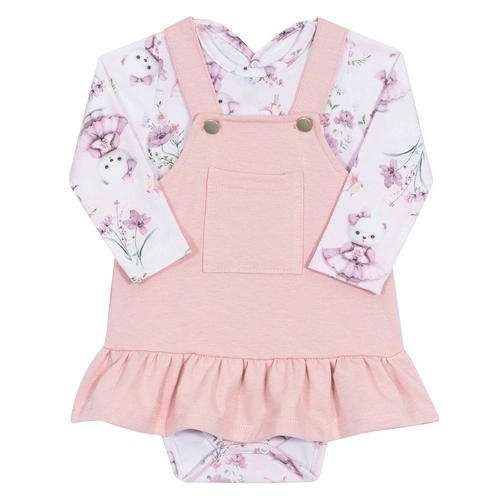 Conjunto Body Manga Longa Ursinho Rose e Salopete Randa Mundu - Feminino